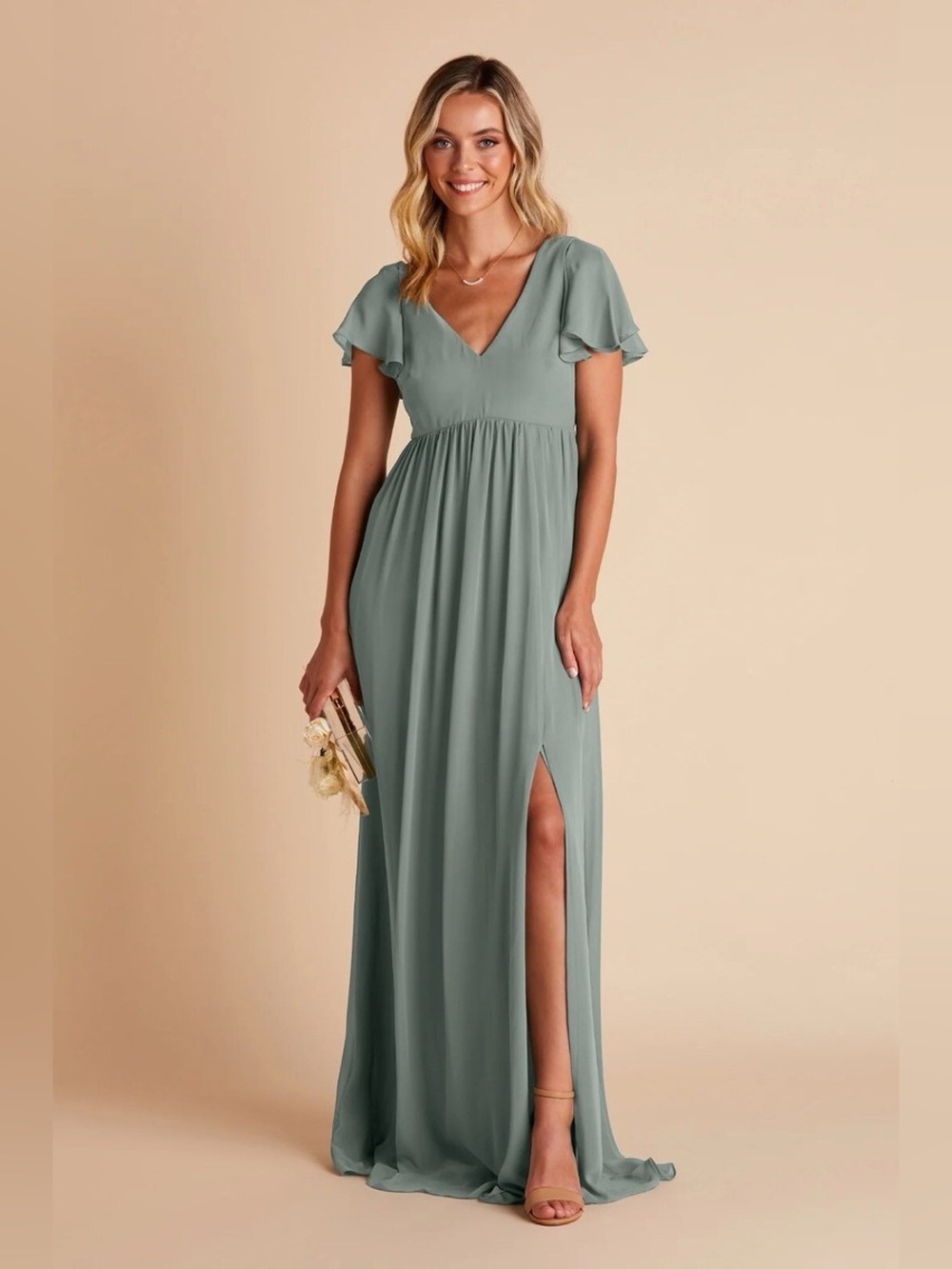 Birdy Grey Dusty Sage Flutter Sleeve V-Neck Maxi Dress Medium